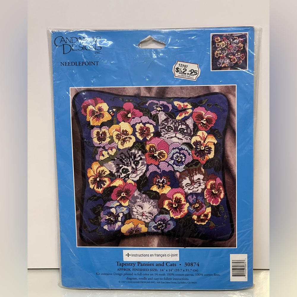 Tapestry Pansies and Cats 90’s Needlepoint Kit 30874 Candamar Designs 14" x 14"
